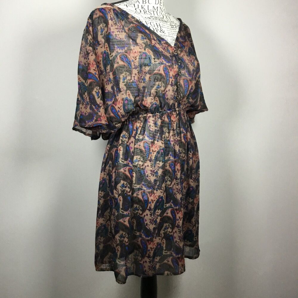 Sheer tunic dress coverup paisley pattern elastic waist ruffle sleeve lace L - Picture 3 of 5